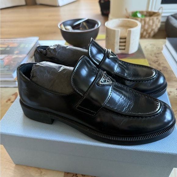 Prada Black Leather Penny Loafers with Triangle Logo - Picture 2 of 9